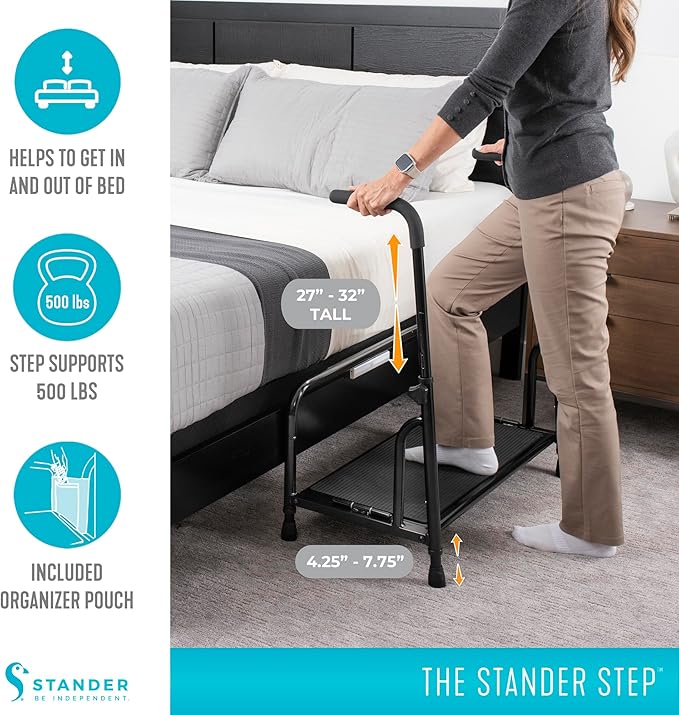 Stander Step-Stool, Portable Step with Adjustable Handles for Seniors and Elderly Adults, Extra Wide Heavy Duty Step-Ladder for Fall Prevention, Grab Bars, Motion Activated LED Light, Black