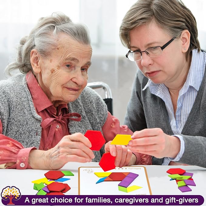 Memory Game for Senior, Dementia Activities Toy Tangram Puzzle for Elderly | 80 Pieces Wooden Cognitive Games for Alzheimer Patients, Large Colorful Shape Pattern Matching Board Brain Care Gifts Craft