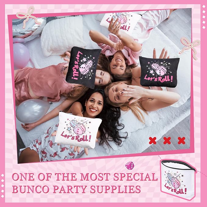 12 Pcs Bunco Gifts for Women Bunco Makeup Bags Let's Roll Dice Game Makeup Bags Casino Lover Gifts Travel Zipper Pouch Dice Game Present Birthday Present for Women Players