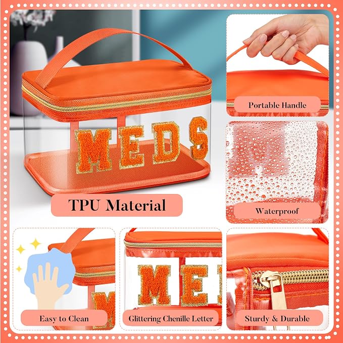 Geetery Chenille Letter Pouch, Travel Meds Bag, Nylon Orange Makeup Bag Clear Medicine Pouch for Travel, Women(Orange, Meds)