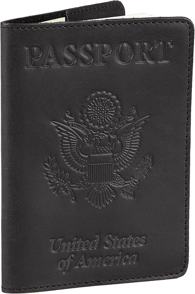 US Leather Passport Book Cover - Thin American Travel Passport Holder - Premium International USA Passport Protector Case for Women Men (Black Vintage)