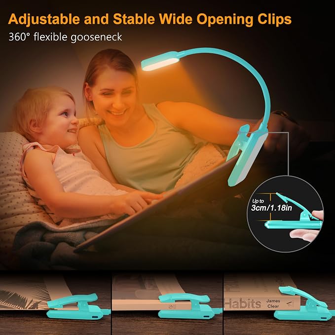 Gritin 16 LED Rechargeable Book Light for Reading in Bed | Eye Caring 3 Color Temperatures, Stepless Dimming Brightness, 80 Hrs Runtime, Lightweight Flexible Clip on Light-Blue