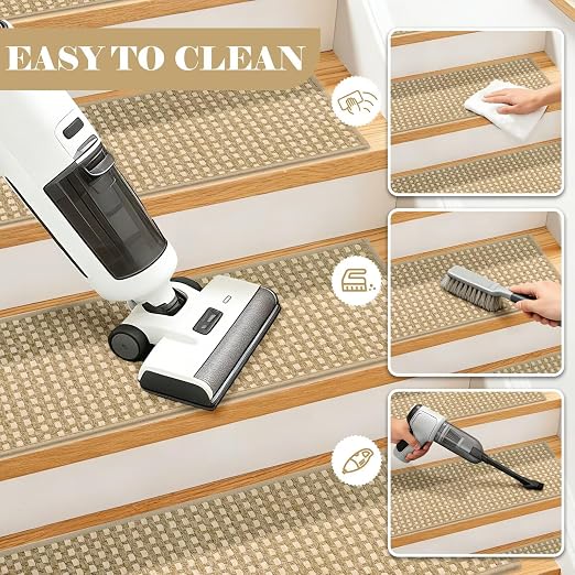 DEXDE Stair Treads for Wooden Steps 7-Pack Non-Slip Indoor, 9" x 30" Beige | Chenille & Linen Blend Carpet Stair Runners Backing, Soft Self-Adhesive Washable Stairway Step Covers for Kids Elders Dogs