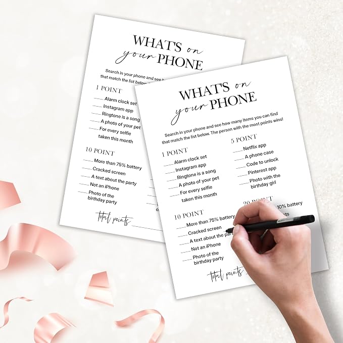 Birthday Party Game for Adults – “What’s on Your Phone?” Paper Game Cards, 25 Icebreaker Sheets for Adult Birthday Celebrations & Social Parties - A07