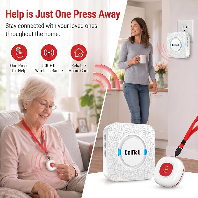 CallToU Wireless Caregiver Pager Call Button for Elderly at Home Nurse Alert System 500+ Feet for Seniors/Elderly/Patient/Disabled 1 Plugin Receiver 1 Waterproof SOS Button