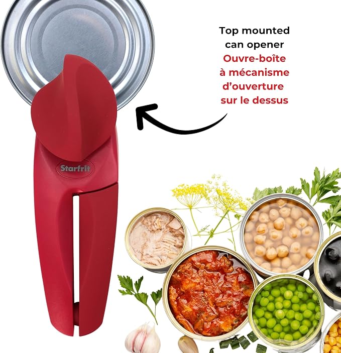 Starfrit MightiCan Can Opener, Safe Smooth-Cut, Comfort Grip, Blue | Safe can opener. Holds lid after cutting. No sharp edges. Comfort grip. Non-slip knob. 3-year warranty.
