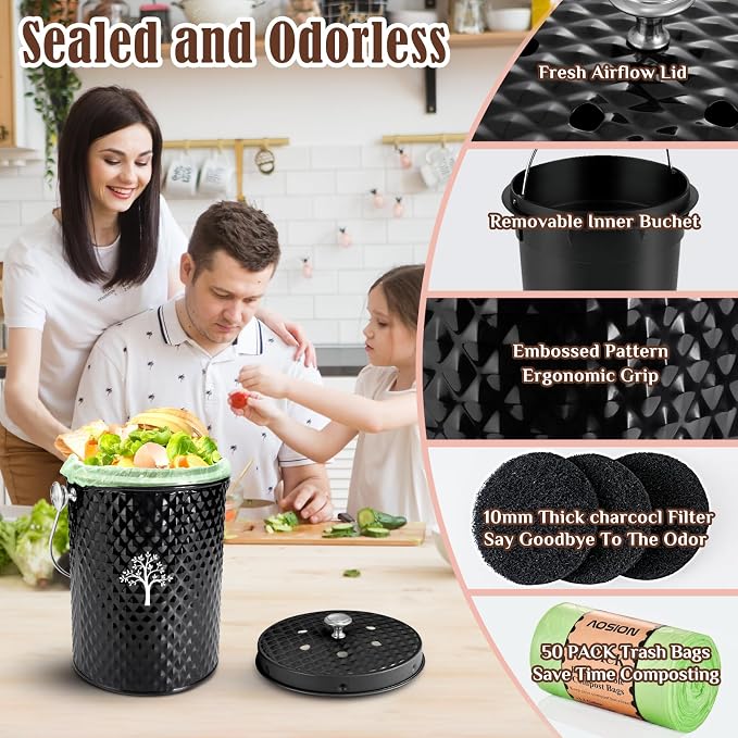 Countertop Compost Bin, Odor-Free Food Waste Container with 50 Bags | 1 Gallon Container,2 Carbon Filters,Compost Bucket, coffee grounds