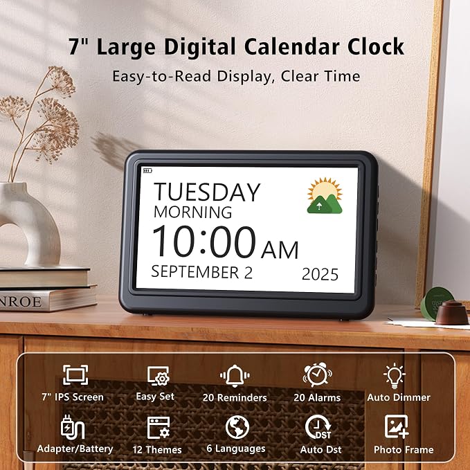 PPLEE Digital Clock Large Display – Dementia Clocks for Seniors, 7-Inch HD Display, Multiple Alarms with Repeat, Adjustable Brightness, Calendar & Custom Themes, Ideal for Elderly and Caregivers
