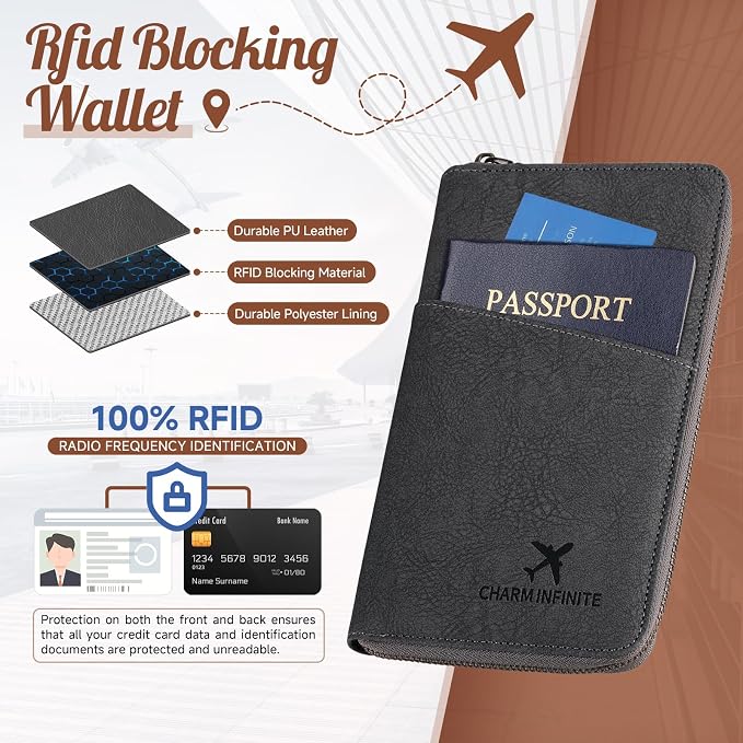 Likesing Family Passport Holder for 4, RFID Multiple Passport Holder-Grey | Leather RFID Blocking Travel Passport Wallet with Zipper, Travel Document Organizer with Wrist Strap Card Slots for Women Men