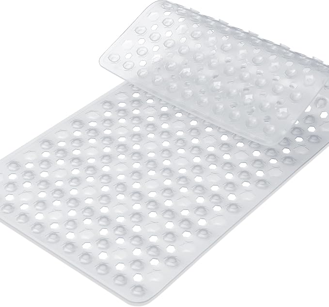 Yimobra Bath Tub Mat Non Slip, 34.5"X15.5" Long Shower Mat, Machine Washable Bathmat with Drain Holes and Suction Cups, Soft on Feet, Bathroom Essentials, Clear