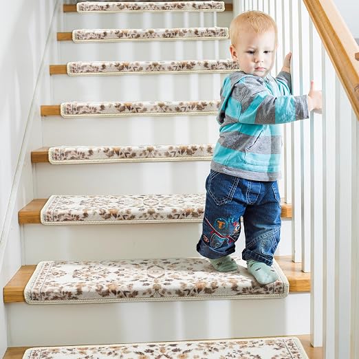 RORA Bullnose Stair Treads for Wooden Steps, Non Slip Stair Carpet 2pcs | Washable, Self-Adhesive, Floral Stair Rug Runner with Edge Protection for Indoor, Pets & Elder, 29.5 x 9.5x 1.7, Brown