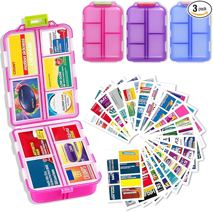 2026 New Extra Large Pill Box with Medicine Labels Travel Essentials Daily Med Container Mini Medication Organizer Storage Organizer Case 7 Day Pill Organizer(Blue+Pink+Purple)