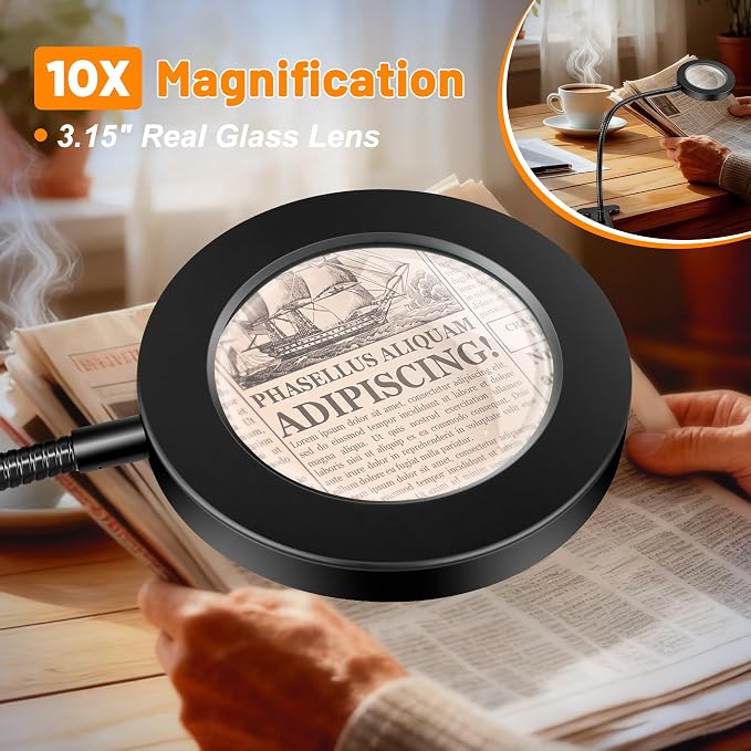 Akynite 10X Magnifying Glass with Light for Crafts, 3 Color+9 Brightness | Hands Free, Flexible Gooseneck, USB, No Adapter, Dimmable, 58 LED, 2 in 1 Magnifier Desk Lamp for Reading DIY Repair