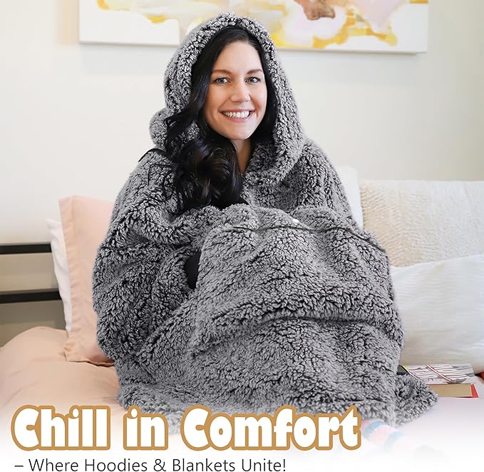 Catalonia Oversized Blanket Hoodie Sweatshirt, Wearable Sherpa Lounging Pullover for Adults Women Men