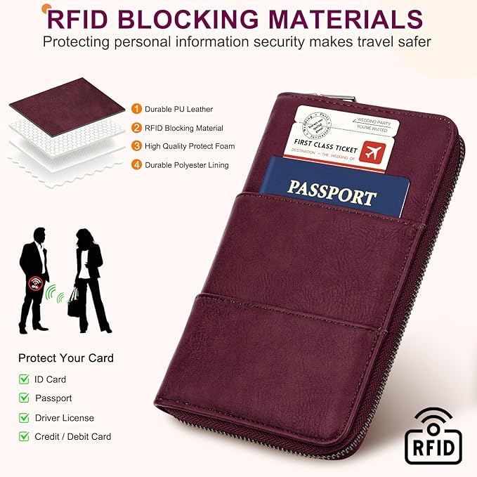 RFID Family Passport Holder Wallet - Travel Document Organizer | PU Leather, with Wristlet, Zipper, Cards, Boarding Pass, ID, Cash, Ticket Pockets,Travel Essentials Gifts for Women Men