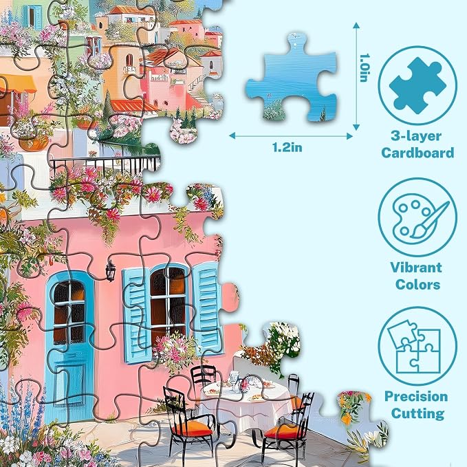 500 Piece Jigsaw Puzzle for Adults, Colorful Mediterranean Coastal Village | Ocean views, blooming terraces, sailboat, oil-painted charm; ideal for family game night, wall decor and thoughtful gifts.
