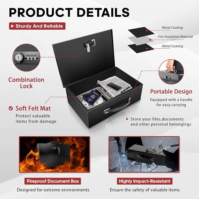 YIYITOOLS Fireproof Lock Box with Key and Combination Lock, Fire Safe Document Box, Portable Fireproof Waterproof Safe for Home,Office,Travel, Secure Storage for Documents,Jewelry,Passport,Cash