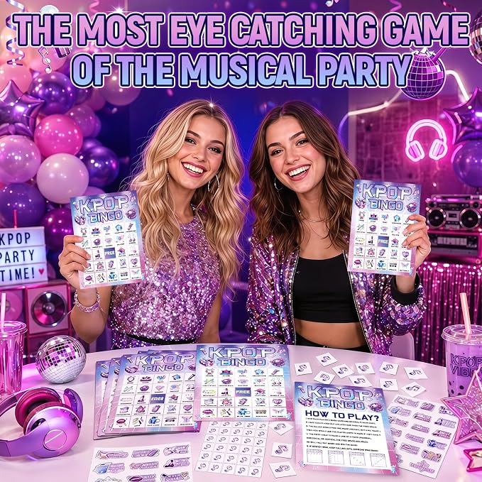 39pcs Kpop Music Party Bingo Game for Adults 24 Players Korean Idol Movie Bingo Cards With Reward Stickers for Family Friend Student Large Group Activities Pink Girl Kpop Music Dance Party Favors
