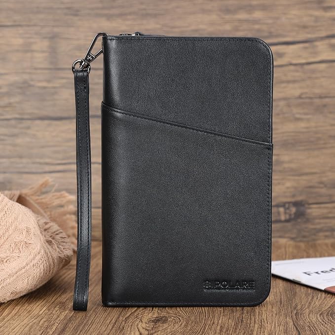 Polare Napa Leather Passport Holder Cover Case for Men and Women RFID Blocking Family Travel Wallet Holds 6 Passports (Black with AirTag Slot)