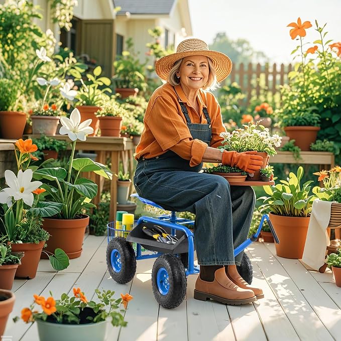 Rolling Garden Seat, Garden Stool with Wheels, Extendable Handle, Storage Basket & Tool Tray, Garden Scooter with 360 Degree Swivel Seat for Outdoor, Garden & Yard (Blue)