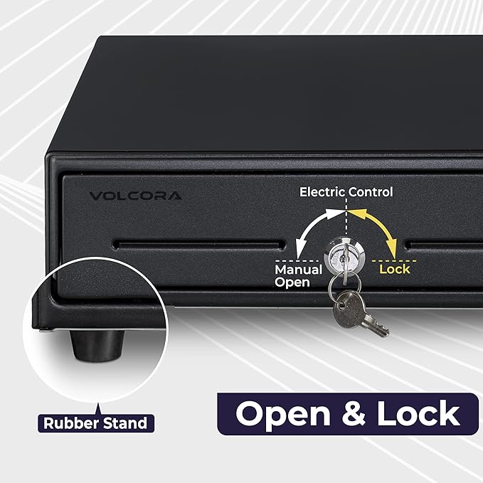 Volcora 13" POS Cash Register Drawer, 4 Bill 6 Coin Tray, Removable Coin Compartment, 12-24V RJ11/RJ12 Key-Lock, Media Slot, Black – Ideal for Small Businesses