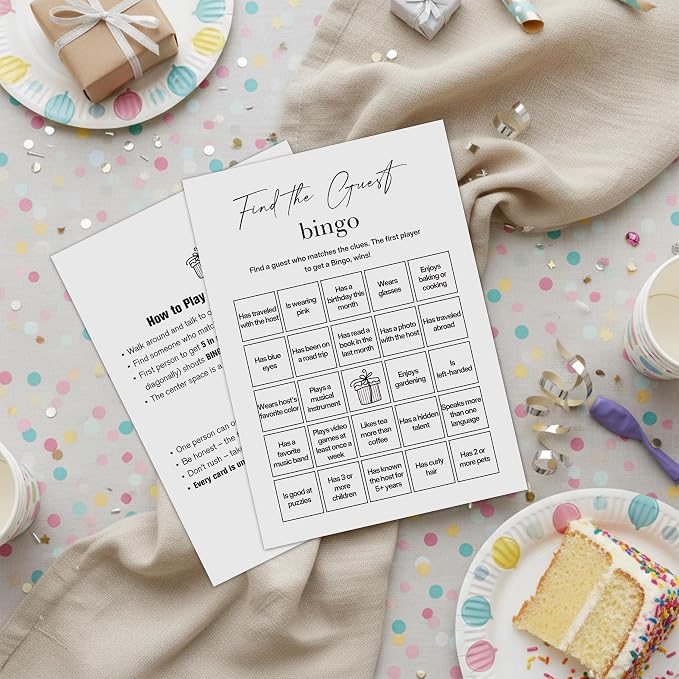 Find The Guest Bingo Cards – 25 Unique Cards, Icebreaker Party Games for Adults, Rustic White Mingle Activity for Birthday Parties, Family Reunions, Office Events & Friendsgiving