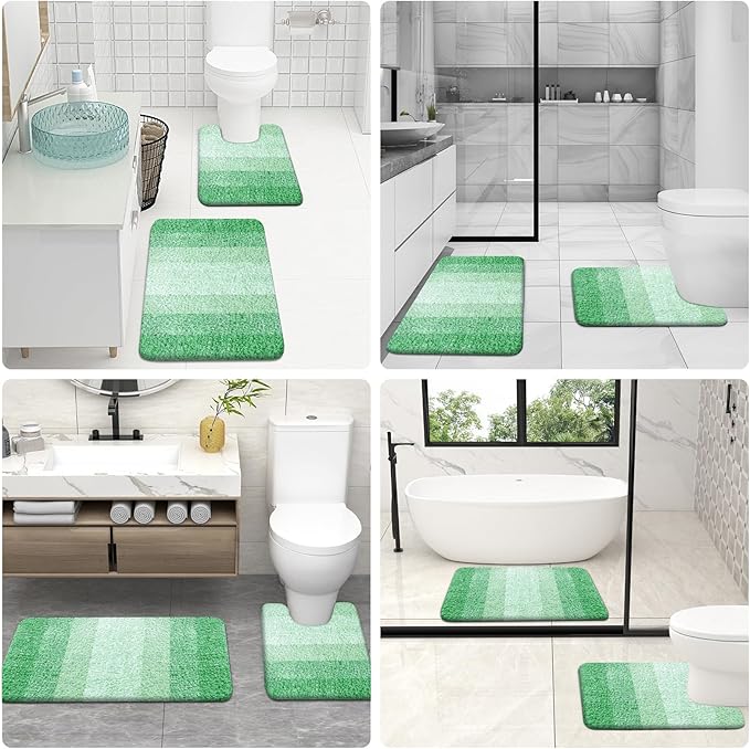 OLANLY Bathroom Rug Set 2 Piece, Soft Absorbent Microfiber Bath Mats and U-Shaped Contour Toilet Rug, Non-Slip, Machine Wash Dry, Plush Shaggy Bath Mats for Bathroom (24"x16"+U24 x20, Green)