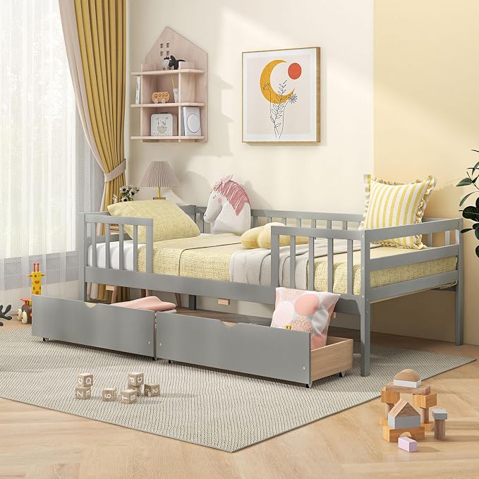 Giantex Twin Kids Bed with Storage Drawers, Wood Montessori Bed with Rails & Side Shelf, Low Daybed for Boys, Girls, No Box Spring Needed (Grey)