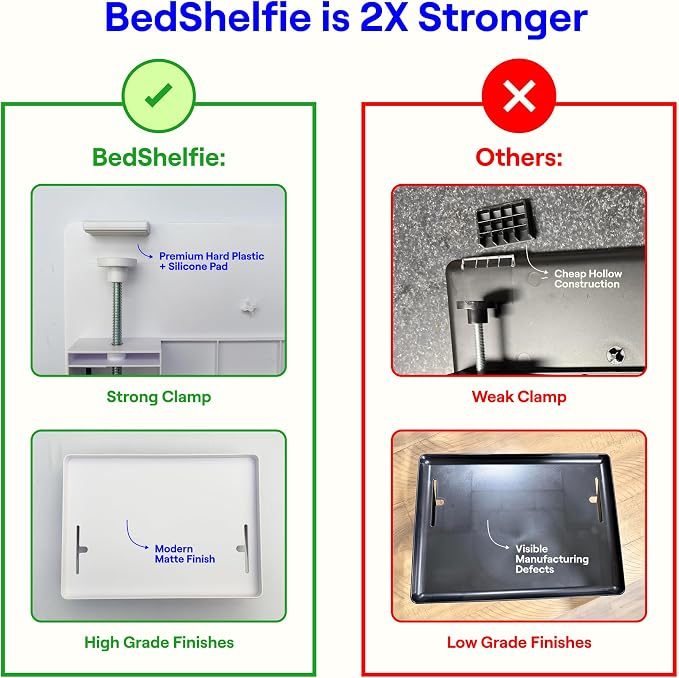 BedShelfie Bedside Shelf for Dorm Room - Cable Catch, White | Bunk Bed & Top Bunk, College Dorm Room Essentials, Bedside Caddy, Clip on Floating Desk Tray, Bed Side Table, Loft Nightstand