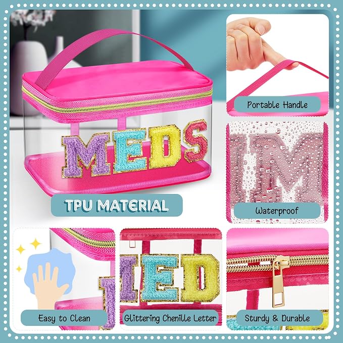 Geetery Meds Travel Bag for Women & Teen Girls, Chenille Letter Nylon Cosmetic & Medicine Organizer Case with Zipper, Portable Toiletry Storage, Cheerleader Gift