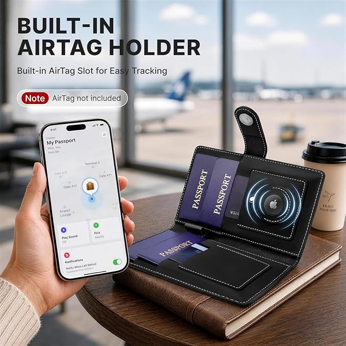ALLIVE Passport Holder for Travel Family, Genuine Leather Passport Wallet with AirTag Slot, RFID Blocking Travel Document Organizer for Women & Men, Airport Essentials, Family Travel Gift (Black)