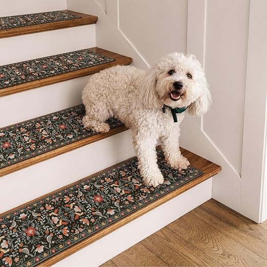 OJIA Black Stair Treads Non-Slip Stair Runner for Wooden Steps 4PCS 30"x8" | Floral Indoor Carpet Stair Treads Stair Mats Staircase Step Treads for Kids, Elders and Dogs, Stair Covers, Black