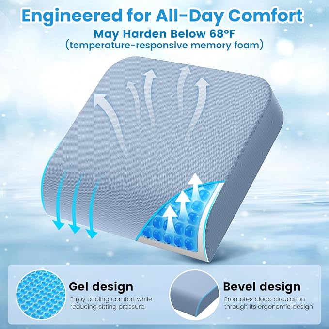 Wheelchair Seat Cushion for Pressure Relief, Cooling Gel Memory Foam Chair Cushion with Slope-Edge Design, Coccyx Support for Tailbone Pain, Non-Slip, for Wheelchairs, Office Chairs, Light Blue