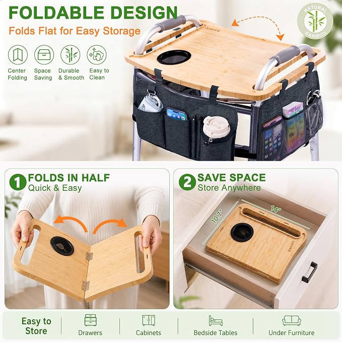 Walker Tray Table with Pockets & Cup Holder for Folding Walkers, Foldable Bamboo Walker Tray for Seniors, Stable Walker Accessories with Raised Edges for Meals, Drinks, Reading &Daily Living