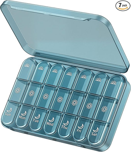 Windtrace Pill Organizer 3X a Day - Dusty Blue Portable Pill Case | Easy Carry, 3x Daily, Fade-Proof, Bold Labels, Arthritis-Friendly, One-Handed, Spill-Proof, Double-Layer, ABS Shell