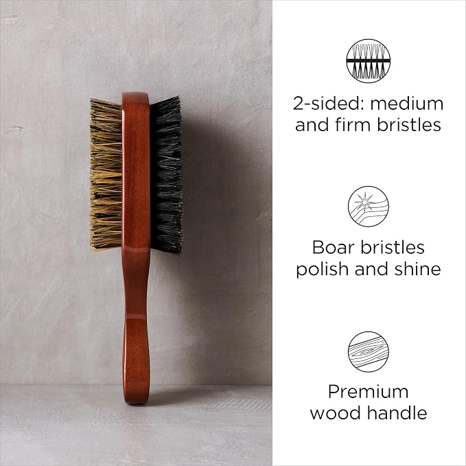 Diane Premium 100% Boar Bristle 2-Sided Club Brush for Men, Medium Firm Bristles for Thick, Curly or Coarse Hair, Mens Brush for Detangling, Smoothing, Wave Styles, Soft on Scalp, Restores Shine