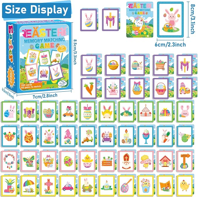 gisgfim 100 PCS Memory Matching Game Easter Concentration Memory Games Card Learning Educational A Fun & Fast Easter Egg Bunny Religious Cross Matching Games