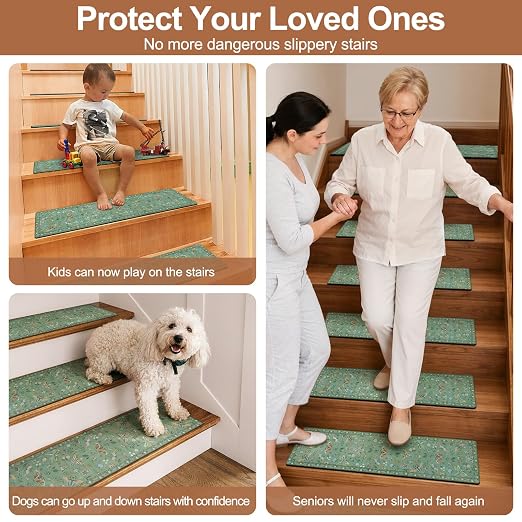 OJIA Stair Treads Non-Slip Stair Runner for Wooden Step 31"x31" Landing Mat | Square Capet Stair Treads Rubber Stair Runner Anti-Slip Stair Matching Mat Stair Rugs Carpet for Stairs Green