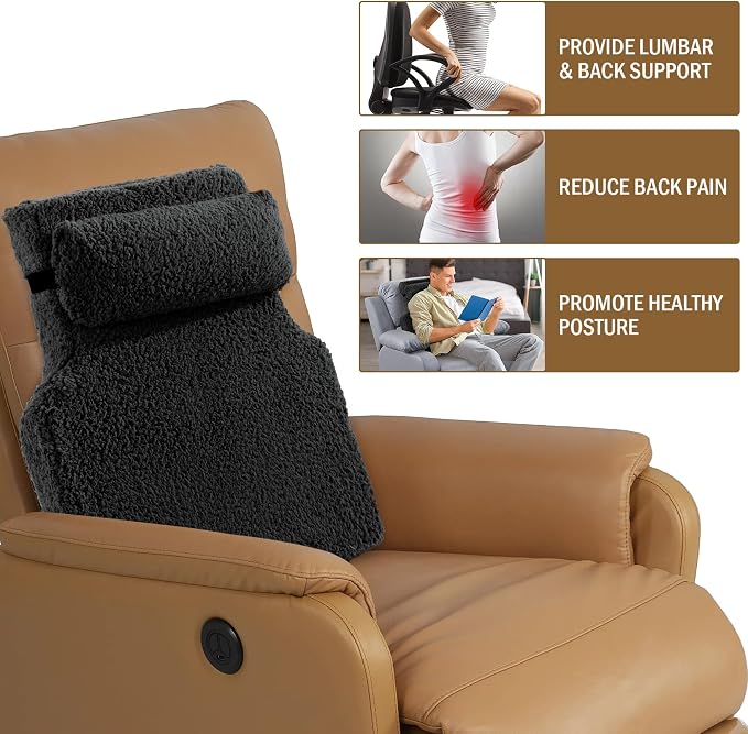 HOMBYS Sherpa Fleece Lumbar Support Pillow with Headrest for Recliner,Memory Foam Chair Cushion for Back Pain,Big High Back Support for Recliner with Chair Headrest for Elderly (Black)