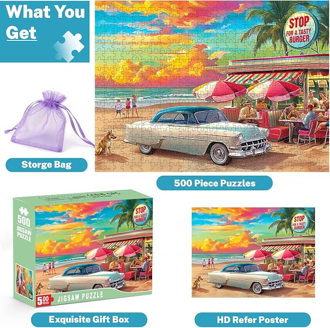 500 Piece Jigsaw Puzzle for Adults, Retro Beach Diner & Classic Car | Vibrant sunset, ocean views, retro beachside charm, family game night, screen-free fun, wall decor and unique gifts