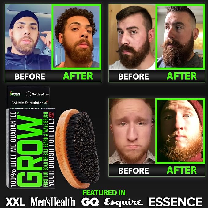 GROW Beard Brush & 360 Wave Brush for Men - Natural Boar Bristle For Fuller, Thicker Hair, Beard & Mustache - Premium Full-Size to Exfoliate, Strengthen Hair, Stimulate & Boost Growth