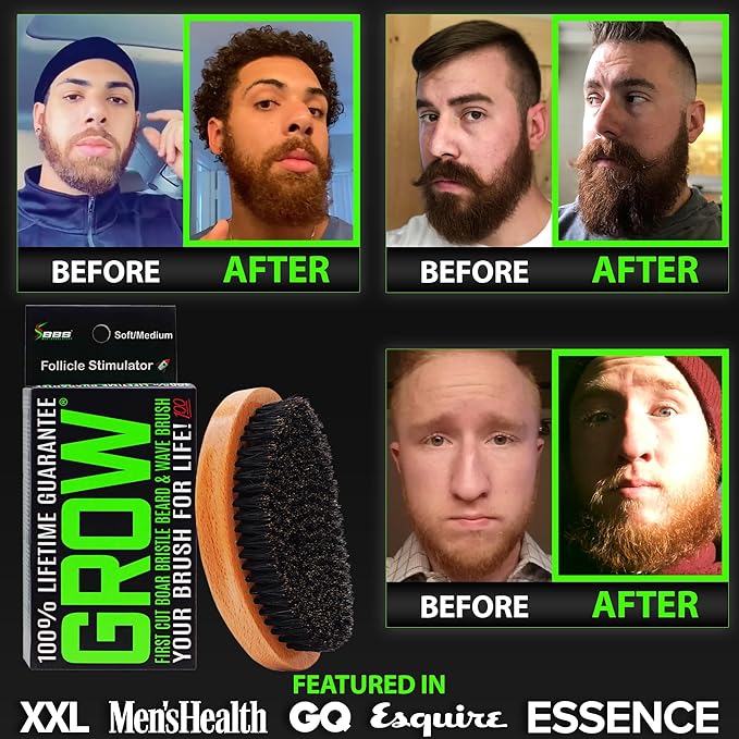 GROW Beard Brush & 360 Wave Brush for Men - Natural Boar Bristle For Fuller, Thicker Hair, Beard & Mustache - Premium Full-Size to Exfoliate, Strengthen Hair, Stimulate & Boost Growth (Pack of 2)