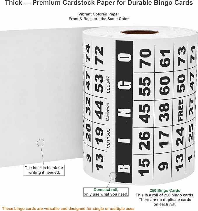 250 Bingo Cards, Large 4.5 x 4.5 Inch, White, Paper Bingo Sheets | 8 Color Options, Premium Cardstock, Disposable with Daubers or Reusable with Chips — Proudly Made in USA