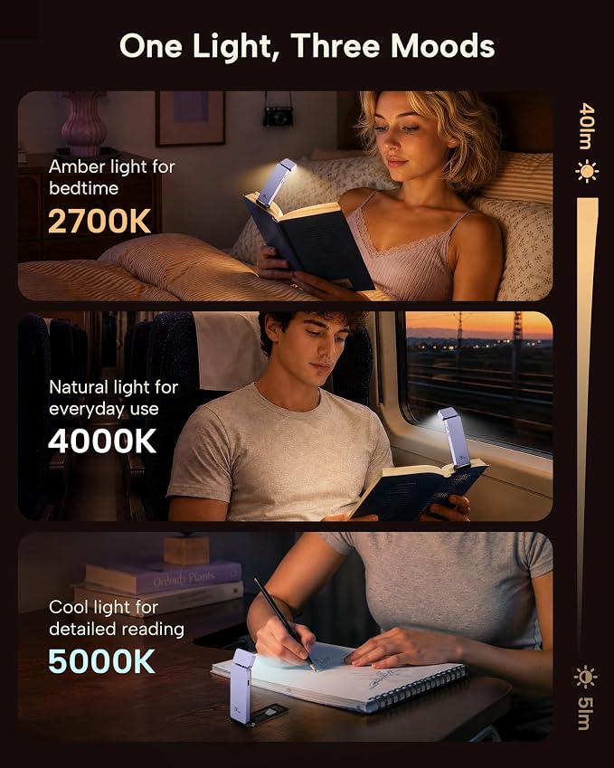 86lux Book Light, Rechargeable Clip-On LED Reading Light for Bed | 3 Color Temperatures with Stepless Dimming, Ultralight Bookmark Design for Book Lovers, Purple