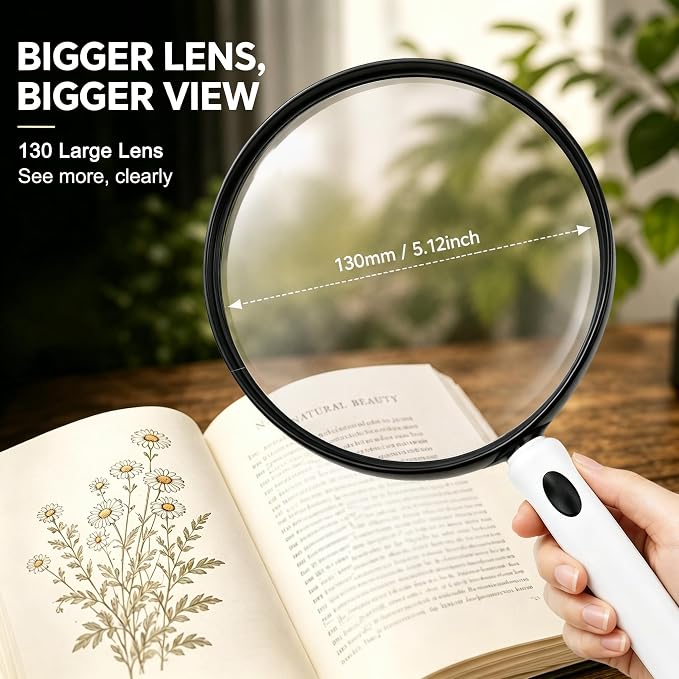 10X Large Magnifying Glass for Reading, Handheld Magnifier with 5.12-Inch Shatterproof Lens, Non-Slip Soft Handle for Seniors, Close Work, Books, Hobbies and Nature Exploration(White)
