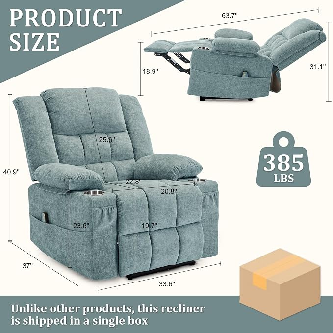 Korser Recliner Chair, Wall Hugger Recliners for RV with Massage and Heating, Zero-Gravity Recliner, Electric Power Recliner Chair for Living Room, Bedroom, Home, Theater Seating (Lakeblue)