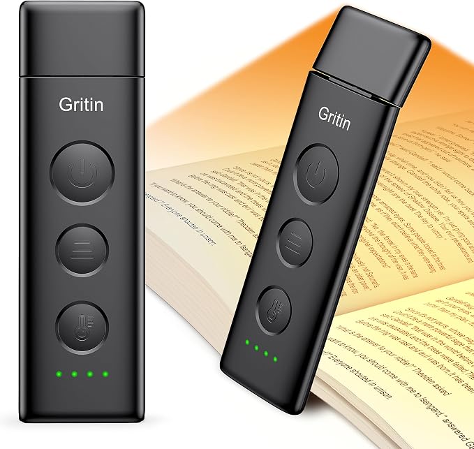 Gritin Book Light Rechargeable, Clip on LED Reading Light for Books in Bed | Eye Caring 3-Color & 5-Brightness, Stepless Dimming, Long Lasting, Compact Size Flexible Book Lamp for Bookworms-Black
