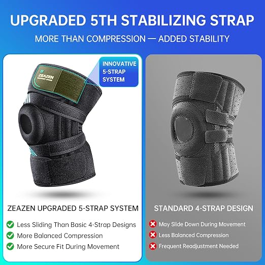 Knee Brace for Men and Women, Adjustable Knee Support with Side Stabilizers, Open Patella 5-Strap 360° Wrap Knee Stabilizer for Meniscus Tear, ACL, MCL, Arthritis & Knee Pain (Black, X-Large)