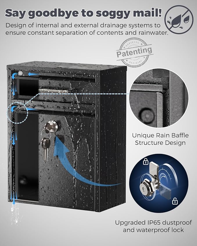 LAND·VOI Mailbox for Outside Wall Mount, Heavy Duty Rustproof, Anti-Theft Locking Mailbox with 4 Keys, Weatherproof for Residential & Apartment, 12.2"×9.5"×4.7", Black, Small