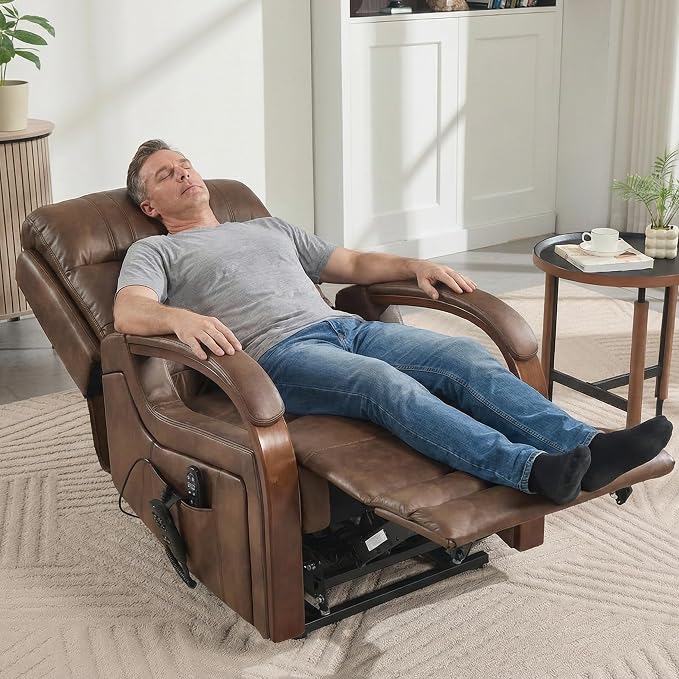 Power Lift Recliner Chair for Elderly People, Dual Motor Lift Chair with Vibration Massage and Heat, Lay Flat Recliner with Solid Wood Armrest, Standing Assistance Reclining, Faux Leather Brown